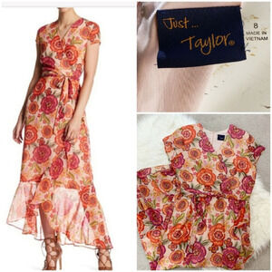 Just Taylor‎ Orange Floral Chiffon Faux Wrap Long C